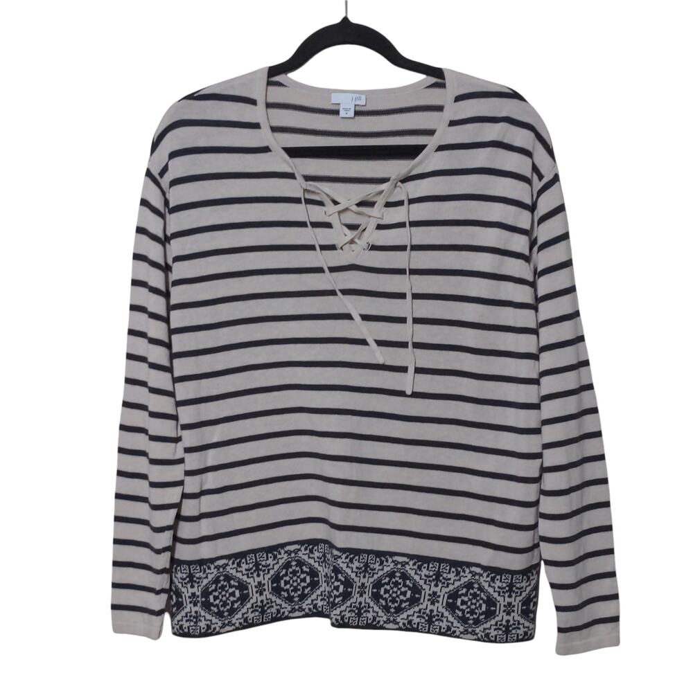 J. Jill Striped Lace Up Lightweight Sweater in Cream and Navy – Size M – EUC